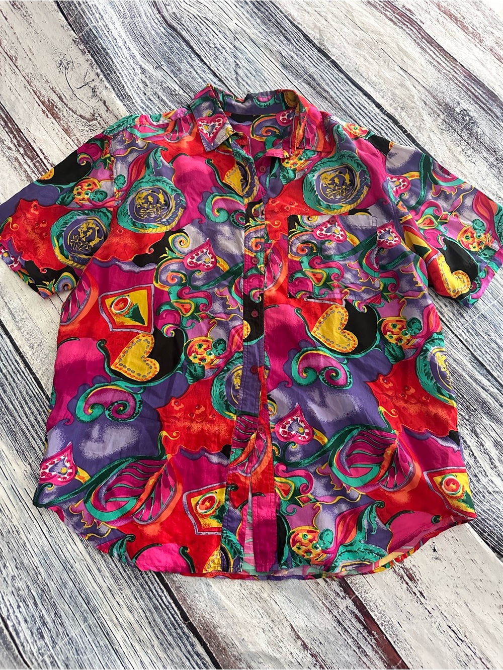Vintage 100% Silk Pink and Purple Paisley Short Sleeve Silk Button Up Top - Picture 2 of 8